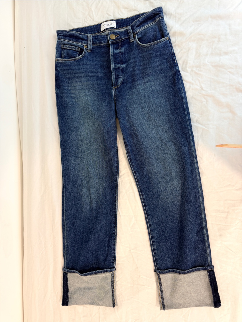 Evereve The Ever Straight High Rise Cuffed Jeans Button Fly Blue Denim Size 30